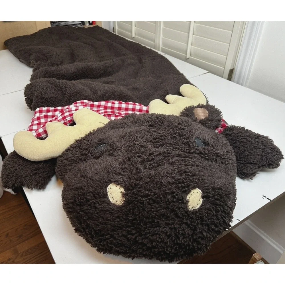 Pottery Barn Kids Moose Plush Sleeping Bag Brown Lined in Red Gingham